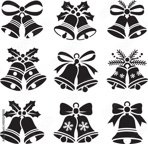 Christmas jingle bell ornament icons black silhouette vector collection