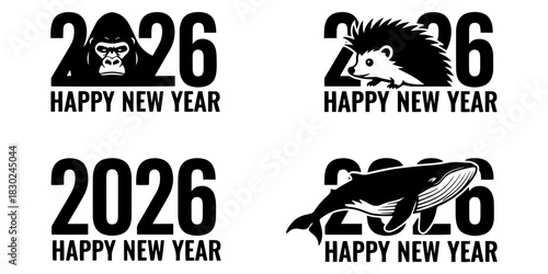 Four happy new year designs featuring the year two thousand twenty six with different animal themes on transparent background silhouette