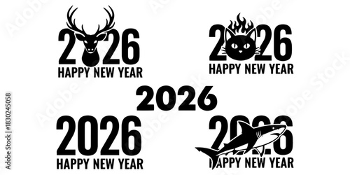 Collection of happy new year 2026 designs featuring a deer cat shark and plain text in black and white on transparent background silhouette