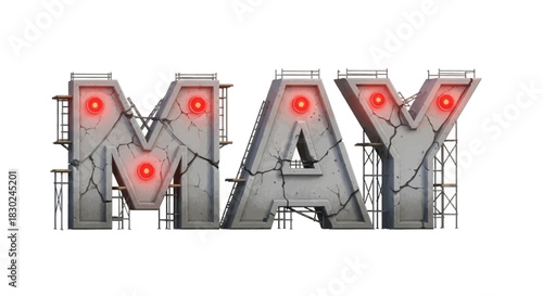 MAY Text with Cracked Stone Texture Glowing Red Circles and Scaffolding.