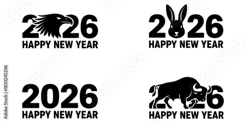 Illustrations showing new year greetings for the year 2026 with different animal silhouettes included on transparent background