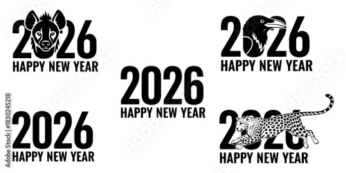 Illustrations of happy new year 2026 with animals including hyena raven and leopard in black and white on transparent background silhouette