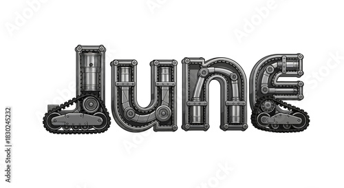 Industrial Steampunk June text grey metal letters with detailed gears pipes and robotic tracks.