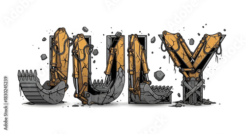 Stylized JULY lettering made from cracked yellow excavator arms and grey stone buckets.