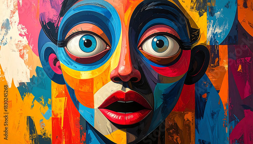 A vibrant, abstract portrait of a face with wide, surprised blue eyes and colorful geometric patterns.