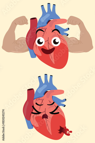 Strong healthy heart and injured bleeding heart illustration showing contrasting emotional conditions.