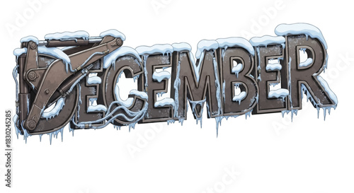 Icy December Text with Snow and Icicles Construction Equipment Lettering.