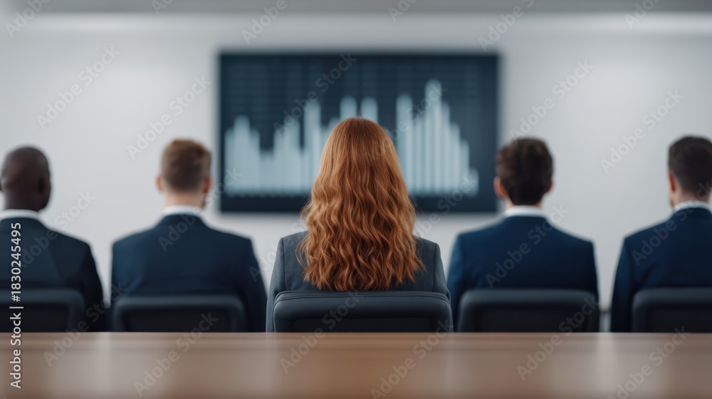Fototapeta premium A group of professionals sits in a meeting, facing a screen displaying data visuals, emphasizing teamwork and business discussions.