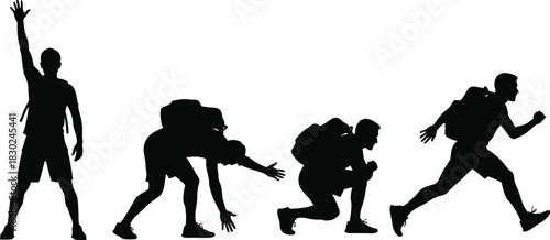 Running Man with Backpack Silhouettes Set, Depicting Hiking, Adventure, Sprint, Progress, and Forward Motion, Vector Illustration Design Collection