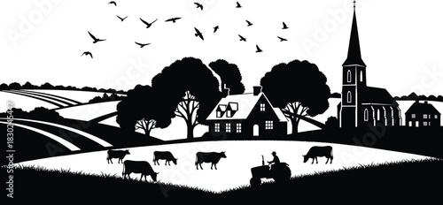 Rural village landscape silhouette with grazing cows, tractor, farmhouse and church, birds flying over fields, black and white vector illustration, agriculture scenery