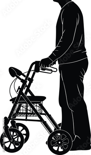 Senior man with mobility difficulties using a four-wheeled rollator walker indoors, aid device for elderly people, silhouette vector illustration for medical health care content.