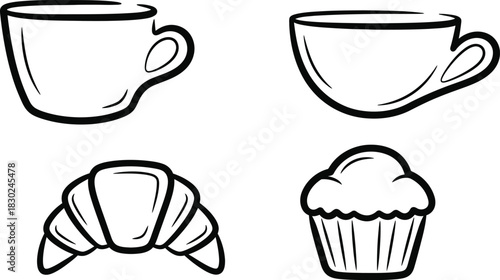 Set of four black and white line art icons representing breakfast food and drink items including coffee cup, croissant, and muffin isolated on white background