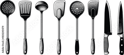 Set of black and white kitchen utensils including knives, spatulas, and ladles, vector illustration in retro engraving style, isolated on white background for cooking design