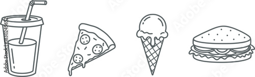 Set of four hand drawn doodle icons representing fast food and sweet treat items soda, pizza slice, ice cream cone, and hamburger, isolated on white background