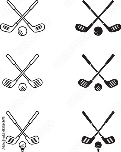 Golf club and ball doodle set hand drawn  line art and Silhouette illustration