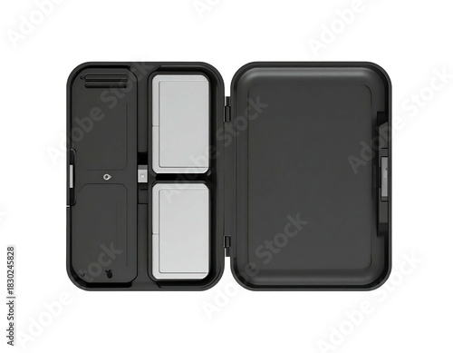 Open, black, clamshell-style case with insert compartments