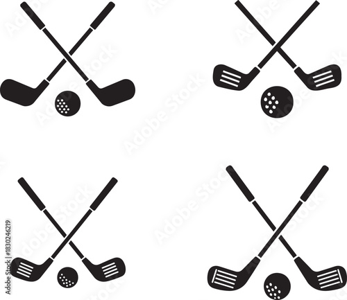 Four golf club and ball icons in a distressed hand drawn silhouette style