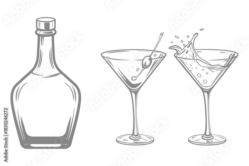 hand drawn engraving vector illustration. alcoholic daiquiri, old fashioned, manhattan, martini, sidecar glass vintage style. Eps 10