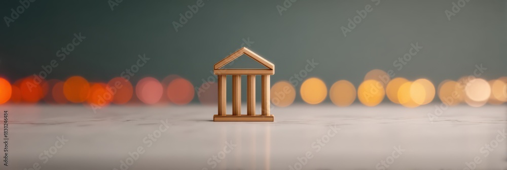 Naklejka premium A small decorative model of a classical building with columns, set against a blurred colorful background.