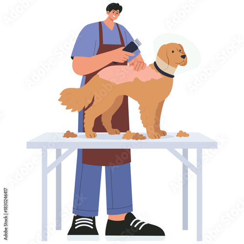 Pet Salon Illustration. Vector illustration of Groomer shaving a dog with clippers on a salon table, cone collar for safety and professional pet care. Isolated on background