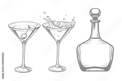 Vintage isolated glass set with with splash drinks. Cocktails alcoholic daiquiri, old fashioned, manhattan, martini, sidecar glass hand drawn engraving vector illustration. Eps 10