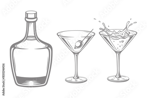 Vintage isolated glass set with with splash drinks. Cocktails alcoholic daiquiri, old fashioned, manhattan, martini, sidecar glass hand drawn engraving vector illustration. Eps 10