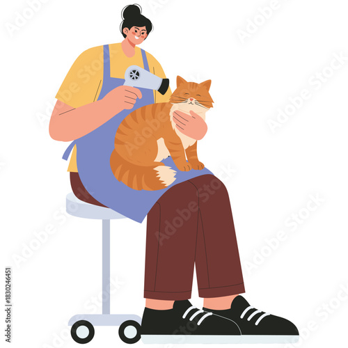 Pet Salon Illustration. Vector illustration of Groomer drying a relaxed cat with a hairdryer on her lap, gentle salon care after washing. Isolated on background