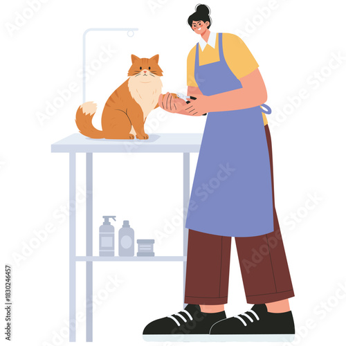 Pet Salon Illustration. Vector illustration of Groomer clipping a cat’s claws on the table for safe, hygienic paw care. Isolated on background