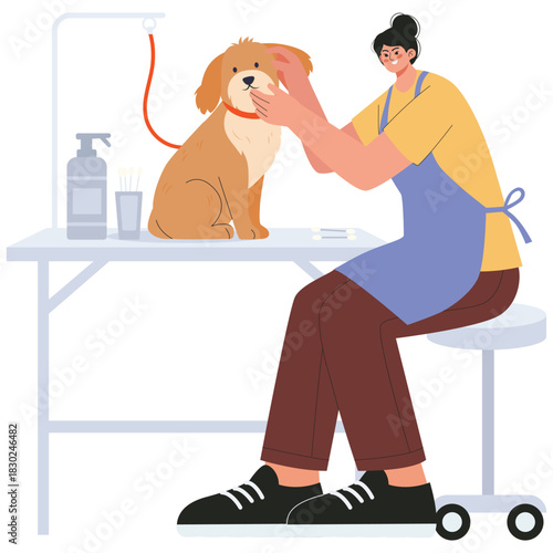 Pet Salon Illustration. Vector illustration of Groomer examines a small dog's ears during a hygiene check at the grooming station. Isolated on background