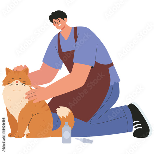Pet Salon Illustration. Vector illustration of Groomer applies gentle care to a fluffy cat during a wellness session at the pet salon. Isolated on background