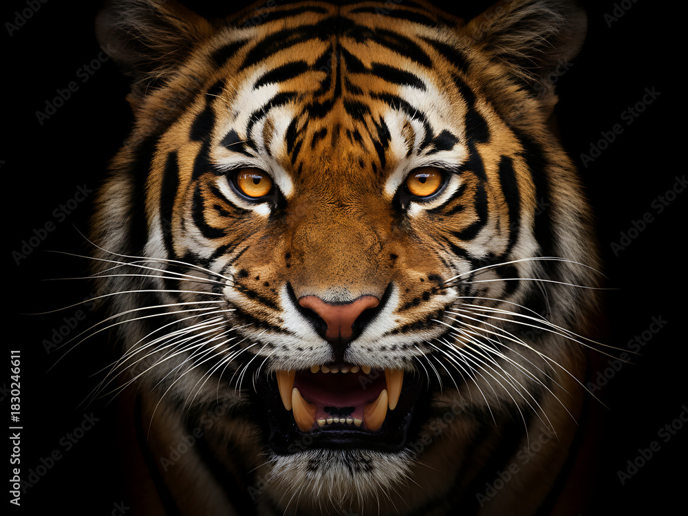 Naklejka premium A fierce tiger emerging from darkness, emphasizing focus and predatory stance, Earth Day, Fierce Tiger Wildlife