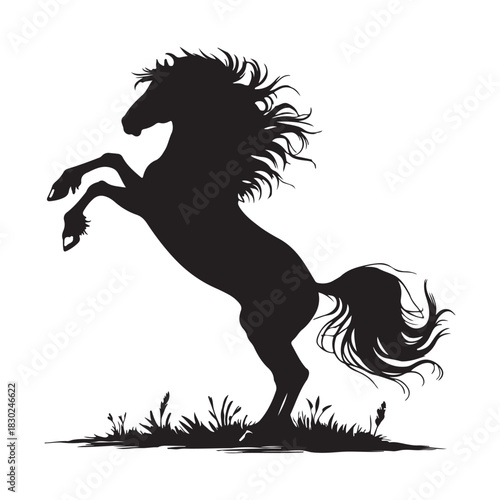 Powerful rearing horse silhouette with flowing mane and tail illustration Vector