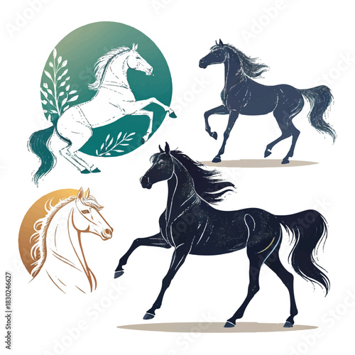 Elegant horse illustrations: dynamic poses, detailed textures, versatile designs. Vector