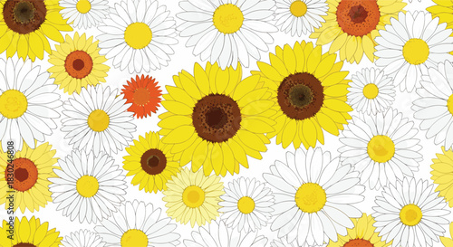 A bright and cheerful seamless pattern with blooming yellow sunflowers, white daisies, and other colorful flowers, creating a vibrant summery background.