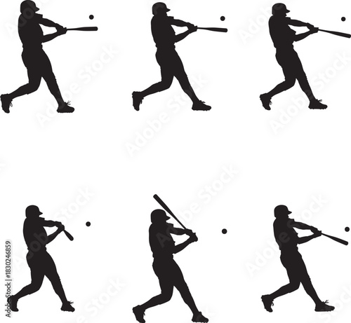 Baseball hitter silhouette sequence athletic sport action in multiple positions