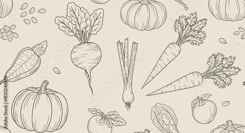 Hand-drawn seamless pattern featuring a variety of fresh organic vegetables and scattered seeds, perfect for healthy food and farm-to-table designs.