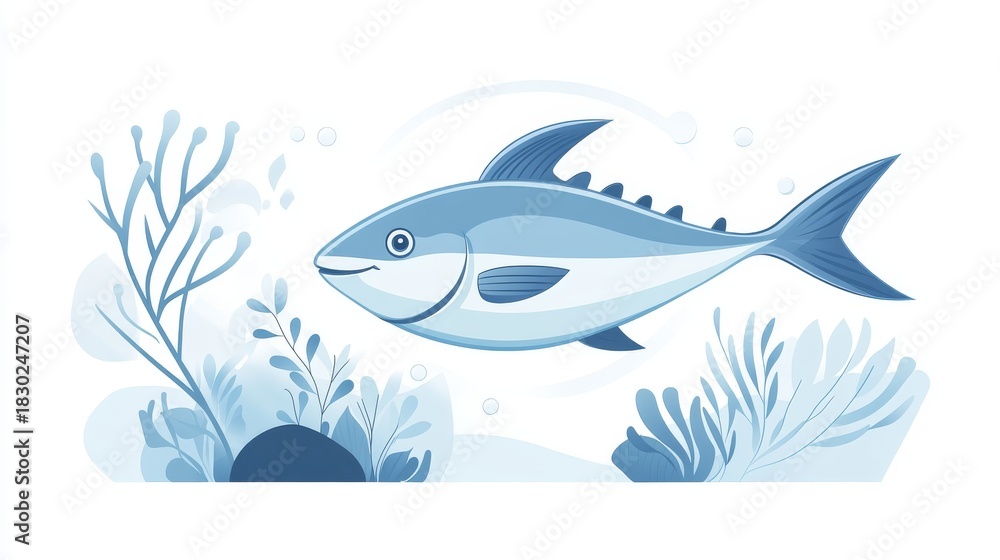 Fototapeta premium 53.A beautiful vector illustration of a tuna fish in an underwater scene, with clean line art and minimal details, conveying the beauty of marine life and the celebration of World Tuna Day, perfect
