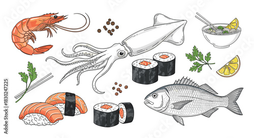 Assortment of hand-drawn seafood and Japanese cuisine elements like shrimp, squid, fish, sushi, and accompanying garnishes.