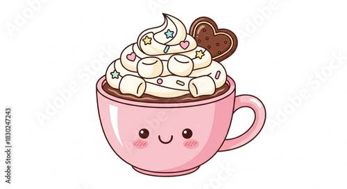 Kawaii-style hot chocolate in a mug with tiny marshmallows and a cute face, warm soft colors, clean flat-vector style, isolated on white background.”