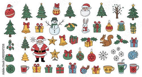 A vibrant collection of hand-drawn Christmas and winter holiday illustrations, including Santa, gifts, trees, and festive decor.