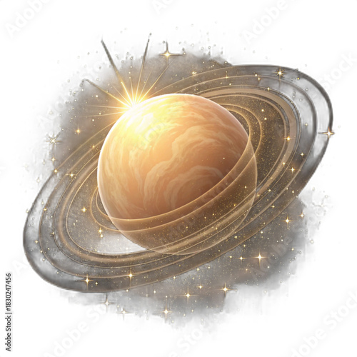 Explore the cosmos with this stunning celestial orb, complete with rings and radiant starlight, perfect for your next space-themed project or design adventure