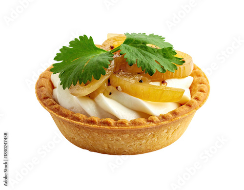 Tart Creamy, topped with fruit and a sprig of cilantro