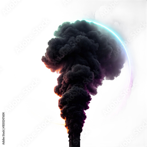Dramatic smoke plume rising through a glowing circle, a visual representation of industry, pollution, and environmental concerns in a modern design