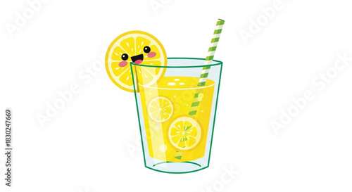 Cute lemonade glass with happy lemon slice character, bright yellow tones, simple geometric shapes, isolated on a white background