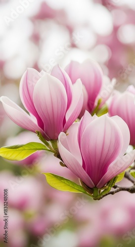 Delicate pink magnolia blossoms in soft focus create a dreamy and serene botanical scene perfect for springtime promotions or elegant floral designs