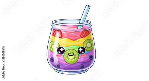 “Adorable smoothie cup with colorful layered fruit textures, kawaii face, smooth gradients, isolated on pure white background.