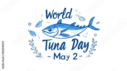 57.A dynamic, modern design with a blue-toned background and a prominent tuna fish illustration, surrounded by celebratory text 