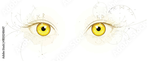 Close up of a pair of intense yellow eyes with dark pupil, sketch style on white background
