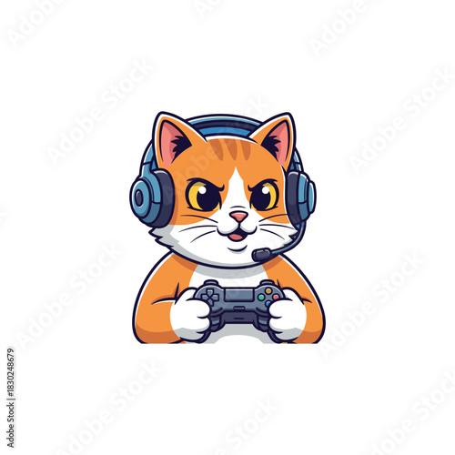 Cartoon Cat Gamer Concentrated on Video Game with Headset and Controller.