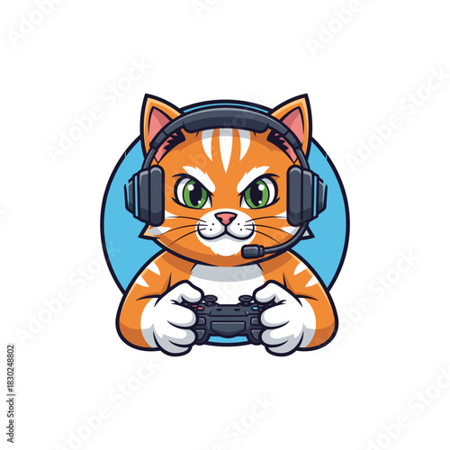 Cartoon Cat Gamer with Headset and Controller Ready to Play.